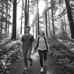 A teenage boy walking in a colorless forest with his friend, both enjoying their time together