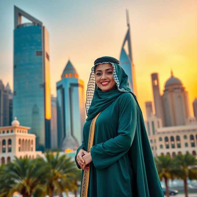 A stunning Saudi woman wearing a traditional abaya, elegantly standing in front of a beautiful skyline featuring modern skyscrapers and traditional architecture