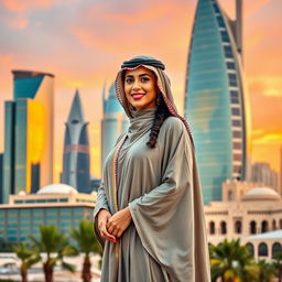 A stunning Saudi woman wearing a traditional abaya, elegantly standing in front of a beautiful skyline featuring modern skyscrapers and traditional architecture