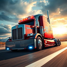 A cutting-edge Optimus Prime semi-truck, embodying a futuristic and iconic design with bold lines and a striking red and blue metallic finish