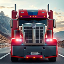 A cutting-edge Optimus Prime semi-truck, embodying a futuristic and iconic design with bold lines and a striking red and blue metallic finish