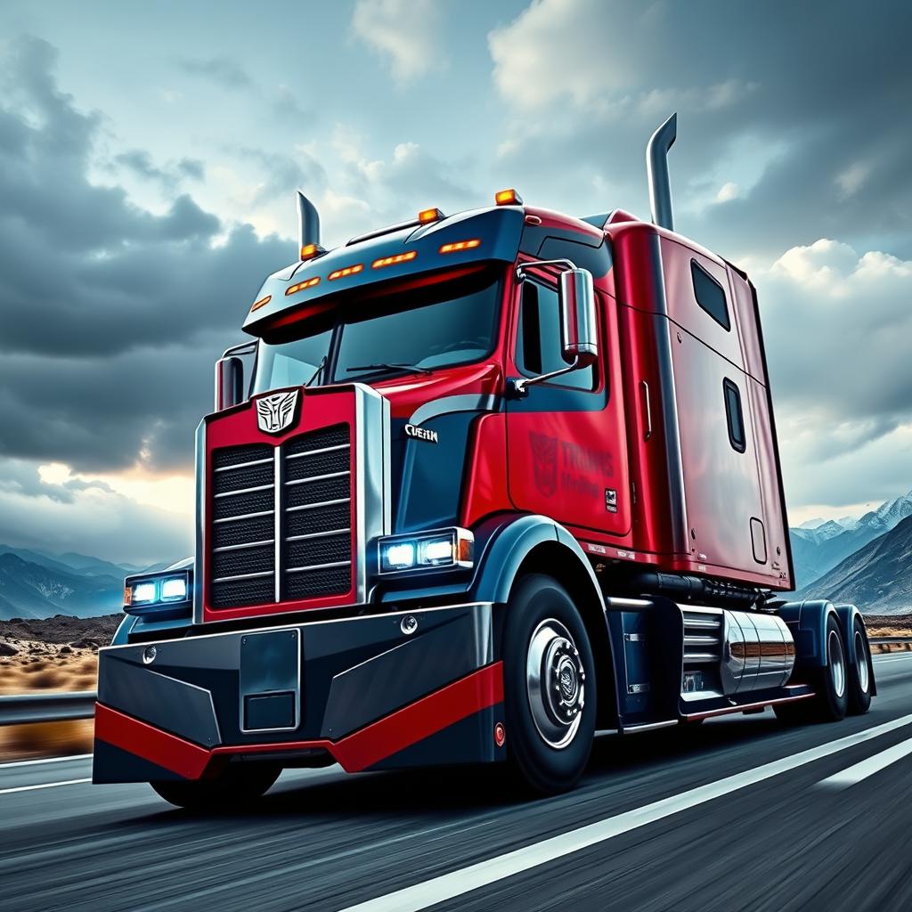 A cutting-edge Optimus Prime semi-truck, embodying a futuristic and iconic design with bold lines and a striking red and blue metallic finish