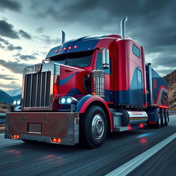 A cutting-edge Optimus Prime semi-truck, embodying a futuristic and iconic design with bold lines and a striking red and blue metallic finish