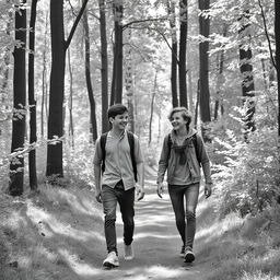 A teenage boy walking in a colorless forest with his friend, both enjoying a leisurely stroll