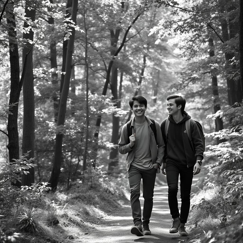 A teenage boy walking in a colorless forest with his friend, both enjoying a leisurely stroll