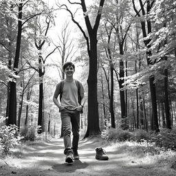 A teenage boy walking in a colorless forest with his friend, both enjoying a leisurely stroll