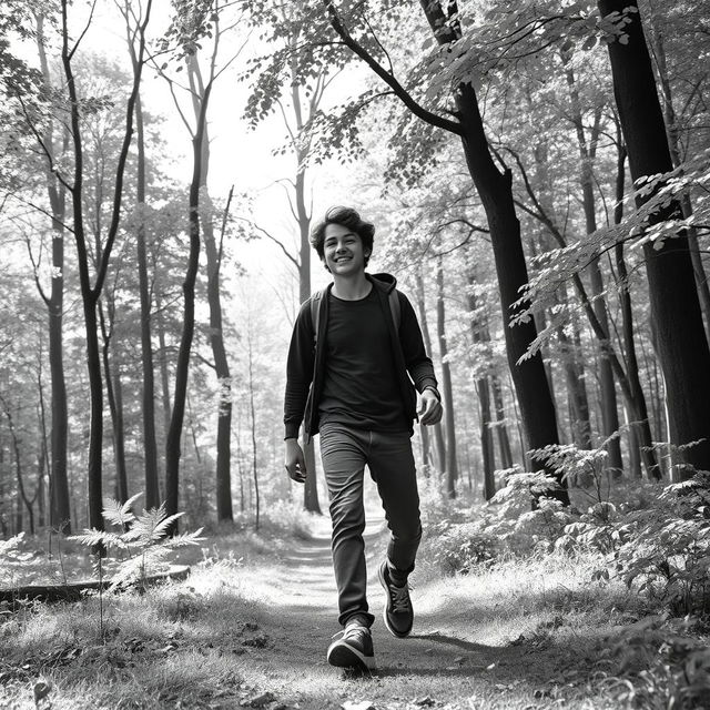 A teenage boy walking in a colorless forest with his friend, both enjoying a leisurely stroll