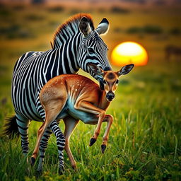A realistic scene depicting a female zebra lifting and carrying a deer in a lush, green savanna landscape