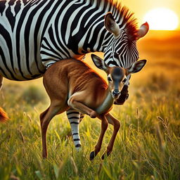 A realistic scene depicting a female zebra lifting and carrying a deer in a lush, green savanna landscape
