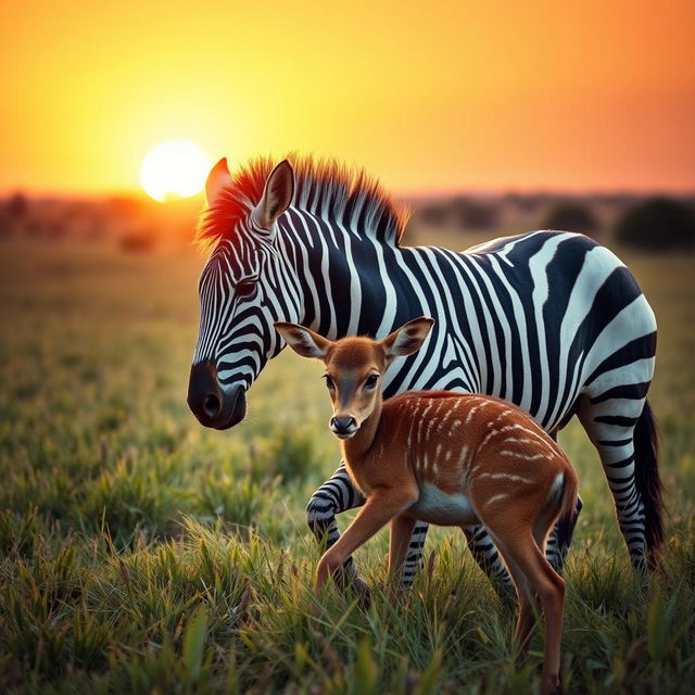 A realistic scene depicting a female zebra lifting and carrying a deer in a lush, green savanna landscape