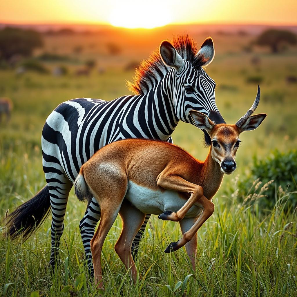 A realistic scene depicting a female zebra lifting and carrying a deer in a lush, green savanna landscape