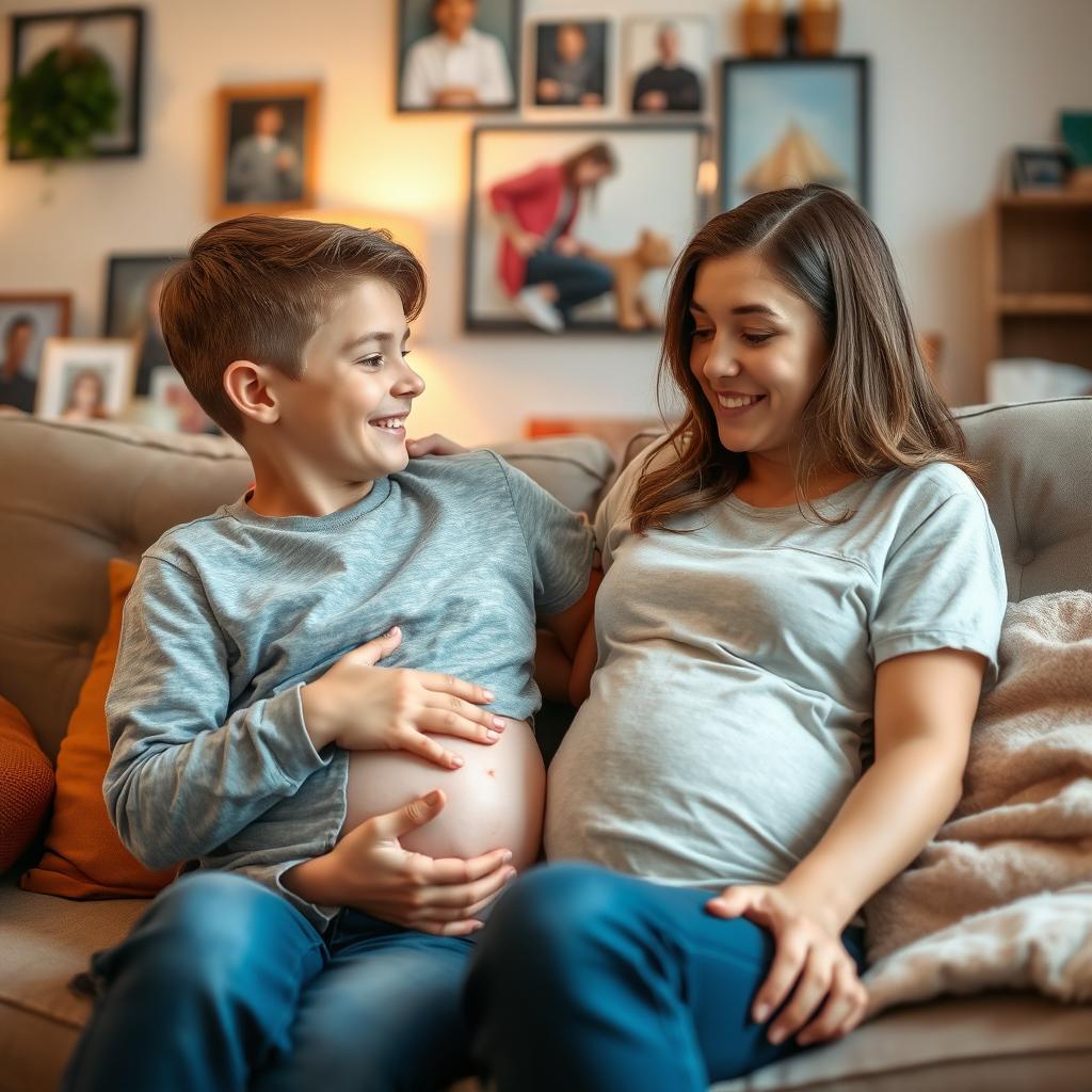 A warm, intimate moment in a cozy home setting where a loving mother is gently explaining to her 10-year-old son about where he came from