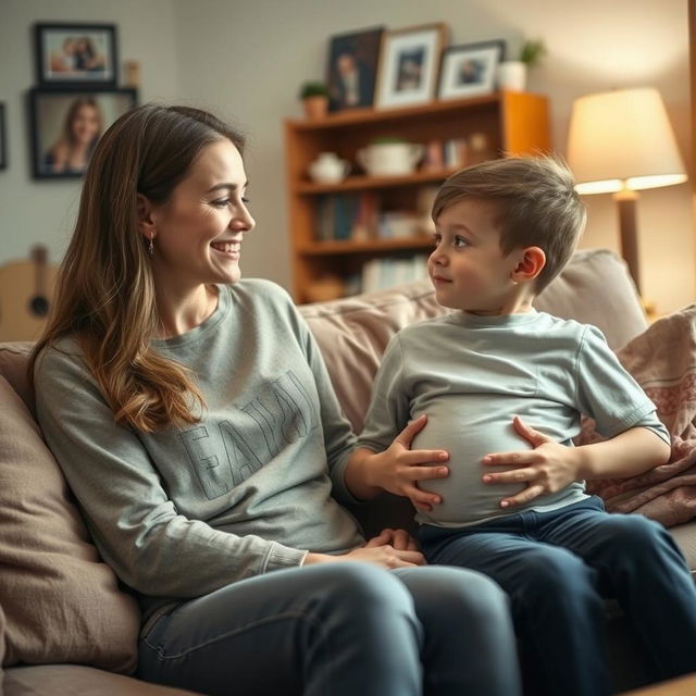 A warm, intimate moment in a cozy home setting where a loving mother is gently explaining to her 10-year-old son about where he came from