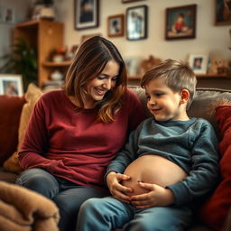 A warm, intimate moment in a cozy home setting where a loving mother is gently explaining to her 10-year-old son about where he came from