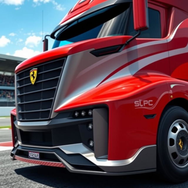 A cutting-edge Ferrari semi-truck, merging the iconic Ferrari design elements with the robust structure of a semi-truck