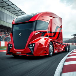 A cutting-edge Ferrari semi-truck, merging the iconic Ferrari design elements with the robust structure of a semi-truck