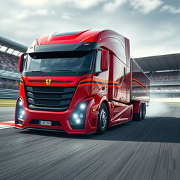A cutting-edge Ferrari semi-truck, merging the iconic Ferrari design elements with the robust structure of a semi-truck