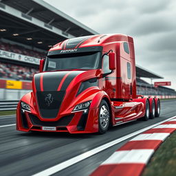 A cutting-edge Ferrari semi-truck, merging the iconic Ferrari design elements with the robust structure of a semi-truck