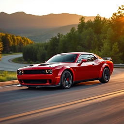 A sleek Dodge Hellcat sports car revving its powerful engine on an open winding road surrounded by lush green forests and mountains in the background