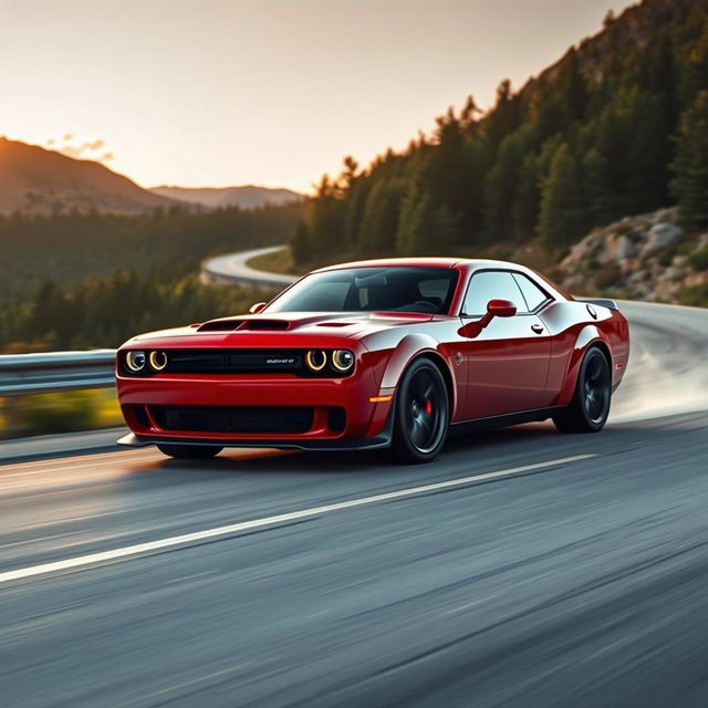 A sleek Dodge Hellcat sports car revving its powerful engine on an open winding road surrounded by lush green forests and mountains in the background