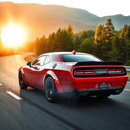 A sleek Dodge Hellcat sports car revving its powerful engine on an open winding road surrounded by lush green forests and mountains in the background