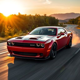 A sleek Dodge Hellcat sports car revving its powerful engine on an open winding road surrounded by lush green forests and mountains in the background