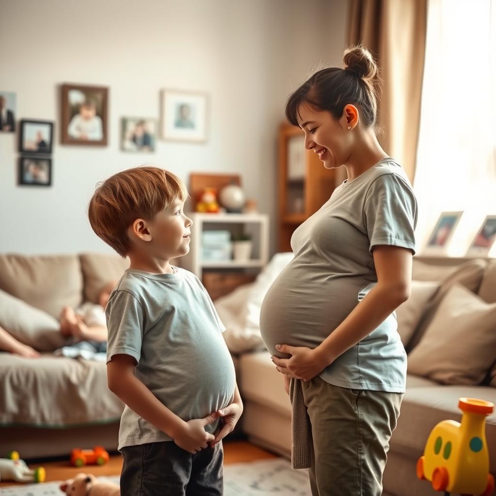 A warm and cozy home setting where a loving mother is gently explaining to her short, thin 10-year-old son about where he came from