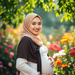 A serene scene featuring a beautiful pregnant woman wearing a stylish hijab, showcasing her glowing skin and a gentle smile