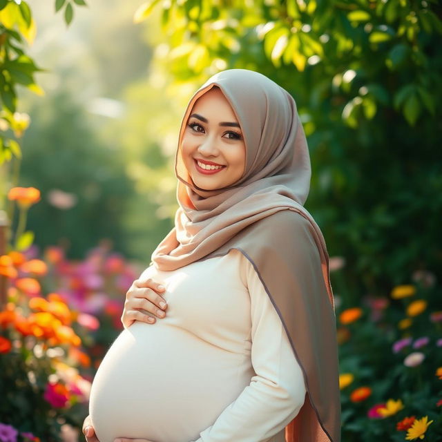 A serene scene featuring a beautiful pregnant woman wearing a stylish hijab, showcasing her glowing skin and a gentle smile