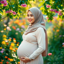 A serene scene featuring a beautiful pregnant woman wearing a stylish hijab, showcasing her glowing skin and a gentle smile