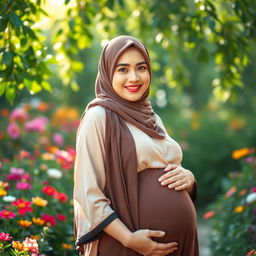 A serene scene featuring a beautiful pregnant woman wearing a stylish hijab, showcasing her glowing skin and a gentle smile