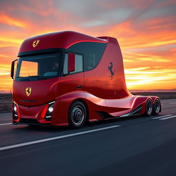 A cutting-edge semi-truck designed by Ferrari, featuring sleek aerodynamic lines, a vibrant red color scheme similar to Ferrari's classic racing cars, striking Ferrari logo prominently displayed, and futuristic LED lighting accents