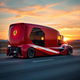 A cutting-edge semi-truck designed by Ferrari, featuring sleek aerodynamic lines, a vibrant red color scheme similar to Ferrari's classic racing cars, striking Ferrari logo prominently displayed, and futuristic LED lighting accents