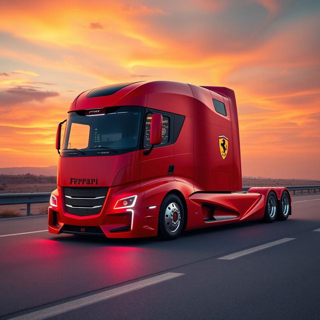 A cutting-edge semi-truck designed by Ferrari, featuring sleek aerodynamic lines, a vibrant red color scheme similar to Ferrari's classic racing cars, striking Ferrari logo prominently displayed, and futuristic LED lighting accents