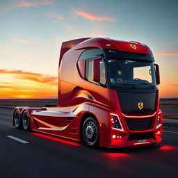 A cutting-edge semi-truck designed by Ferrari, featuring sleek aerodynamic lines, a vibrant red color scheme similar to Ferrari's classic racing cars, striking Ferrari logo prominently displayed, and futuristic LED lighting accents