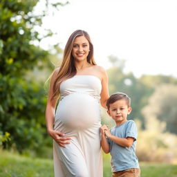 A pregnant woman in a serene outdoor setting, standing gracefully with a gentle smile