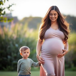 A pregnant woman in a serene outdoor setting, standing gracefully with a gentle smile