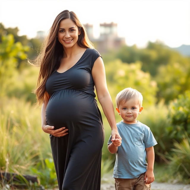 A pregnant woman in a serene outdoor setting, standing gracefully with a gentle smile