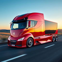 A stunning Ferrari cutting-edge semi-truck, characterized by its sleek and aerodynamic design, featuring glossy red bodywork that mirrors the iconic Ferrari sports car aesthetics
