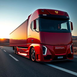 A stunning Ferrari cutting-edge semi-truck, characterized by its sleek and aerodynamic design, featuring glossy red bodywork that mirrors the iconic Ferrari sports car aesthetics