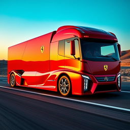 A stunning Ferrari cutting-edge semi-truck, characterized by its sleek and aerodynamic design, featuring glossy red bodywork that mirrors the iconic Ferrari sports car aesthetics