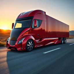 A stunning Ferrari cutting-edge semi-truck, characterized by its sleek and aerodynamic design, featuring glossy red bodywork that mirrors the iconic Ferrari sports car aesthetics
