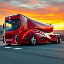 A striking Ferrari cutting-edge semi-truck, boasting a sleek and futuristic design that mirrors the iconic style of Ferrari sports cars