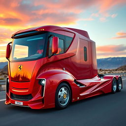A striking Ferrari cutting-edge semi-truck, boasting a sleek and futuristic design that mirrors the iconic style of Ferrari sports cars
