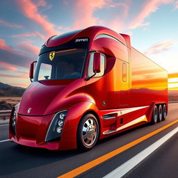 A striking Ferrari cutting-edge semi-truck, boasting a sleek and futuristic design that mirrors the iconic style of Ferrari sports cars