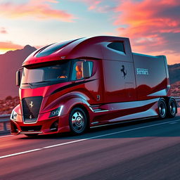 A striking Ferrari cutting-edge semi-truck, boasting a sleek and futuristic design that mirrors the iconic style of Ferrari sports cars