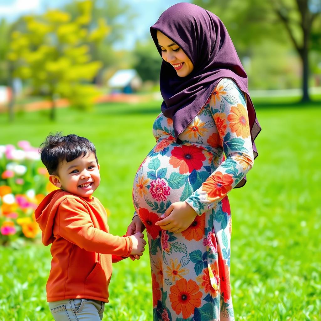 A beautiful pregnant woman wearing a colorful hijab stands gracefully with a gentle smile, radiating warmth and happiness