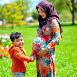 A beautiful pregnant woman wearing a colorful hijab stands gracefully with a gentle smile, radiating warmth and happiness