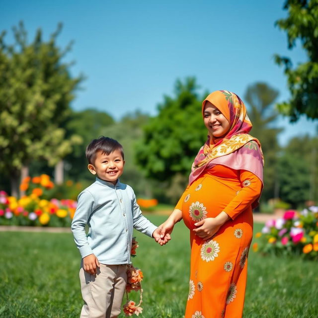 A beautiful pregnant woman wearing a colorful hijab stands gracefully with a gentle smile, radiating warmth and happiness