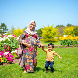 A beautiful pregnant woman wearing a colorful hijab stands gracefully with a gentle smile, radiating warmth and happiness